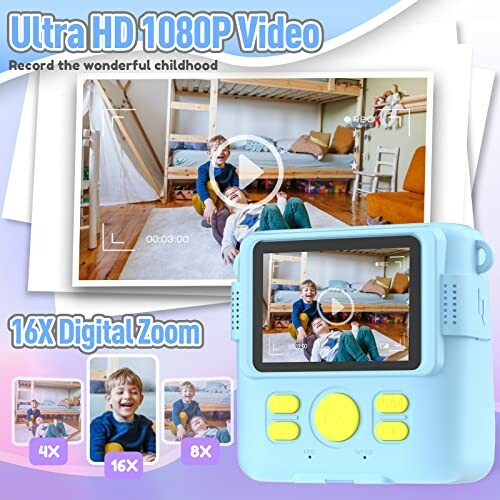 Children playing in a room, shown on a digital camera screen with Ultra HD 1080P and digital zoom features.