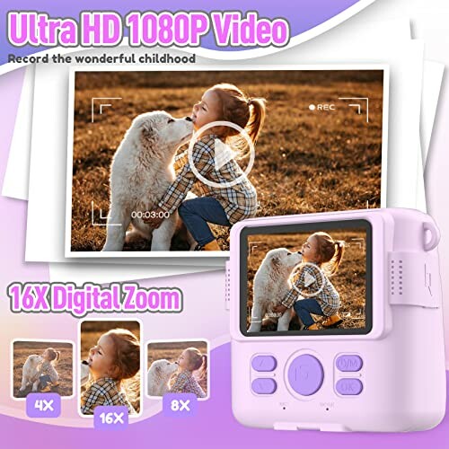 Children's digital camera with 1080P video and 16X zoom, displaying a screen with a child and dog.