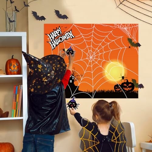 Children decorating a Halloween-themed room with spider webs and pumpkins.