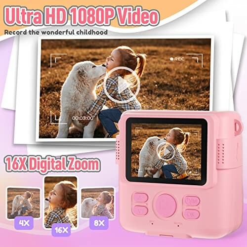 Pink kids digital camera with 1080P video and 16X digital zoom features, showing a child and dog on the screen.