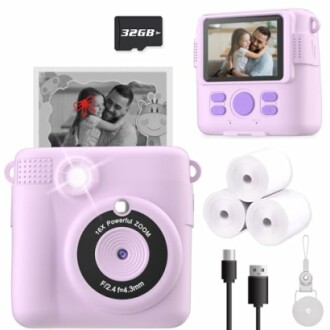 Purple kids digital camera with accessories including 32GB card, photo paper, and USB cable.