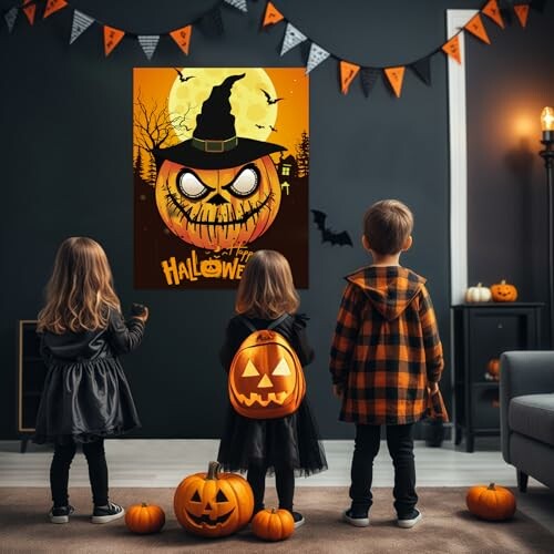 Children in costumes looking at Halloween decorations with pumpkins.