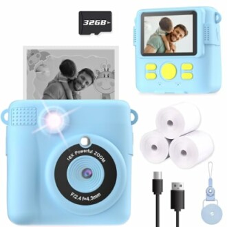 Kids instant camera with accessories including SD card, photo paper, USB cable, and lanyard.