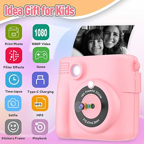 Pink kids' instant camera with features list and photo printout.