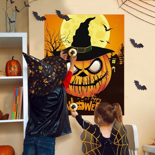 Children in costumes playing a Halloween pin game with a witch hat on a pumpkin poster.