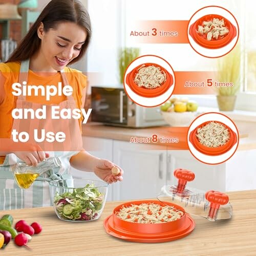 Woman using a salad spinner in kitchen with salad bowl and vegetables.