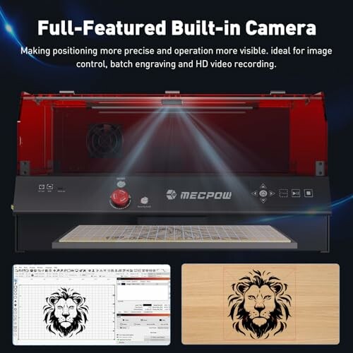 Laser engraver with built-in camera and lion design.