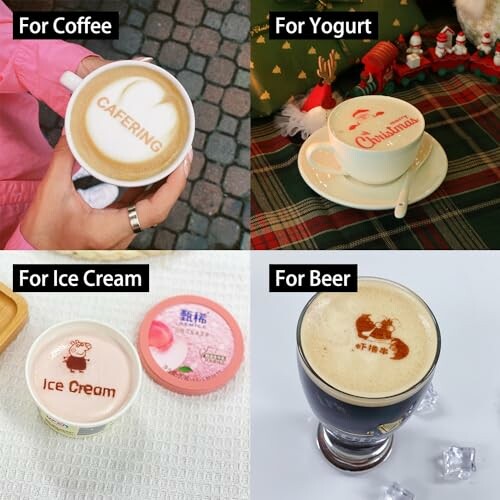 Various latte art designs on coffee, yogurt, ice cream, and beer.