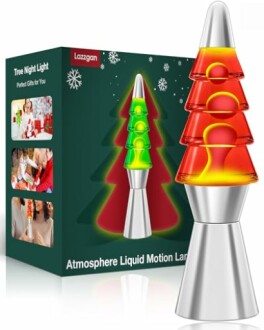 Christmas tree-shaped lava lamp with packaging.