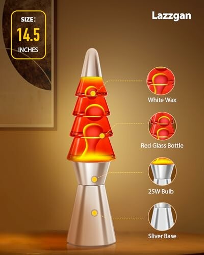 Diagram of a lava lamp with labeled parts and size.