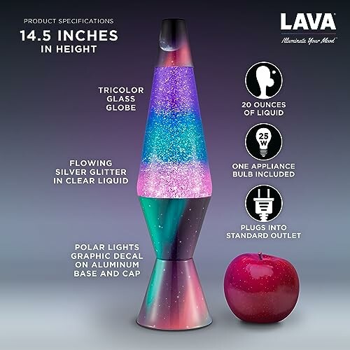 Lava lamp with colorful glitter and apple for scale.