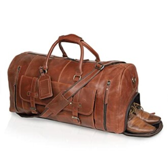 Brown leather duffel bag with shoe compartment