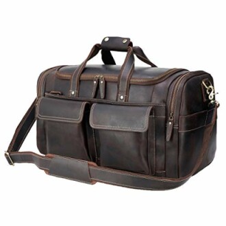 Brown leather duffel bag with shoulder strap and front pockets.