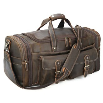 Brown leather duffel bag with multiple pockets and shoulder strap