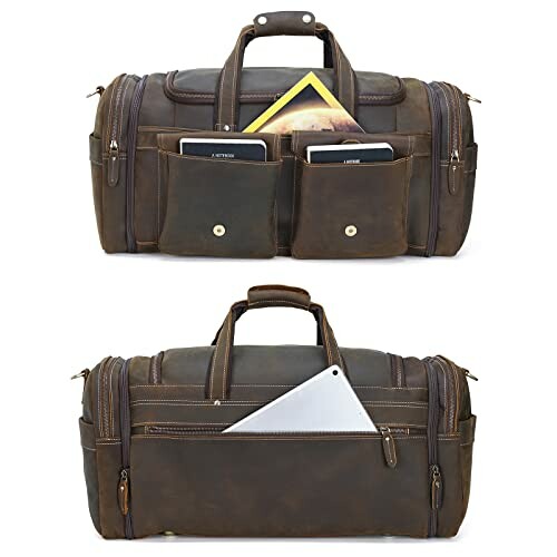 Brown leather duffel bag with multiple pockets and handles.