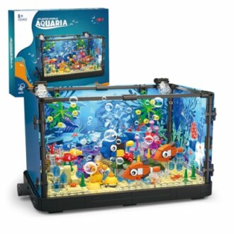 Colorful Lego aquarium set with fish and underwater scene.