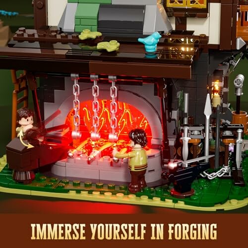 LEGO blacksmith scene with glowing forge and mini figures, showcasing the set's attention to detail and intricate design.