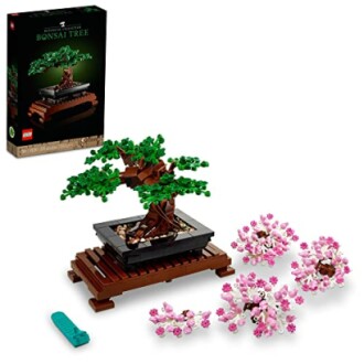 LEGO bonsai tree set with interchangeable pink and green leaves.