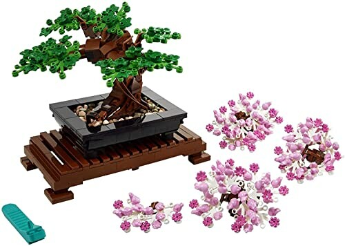 LEGO bonsai tree set with green and pink pieces