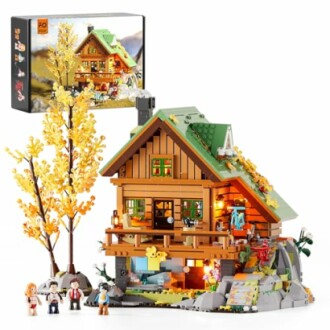 Lego cabin set with autumn tree and mini-figures