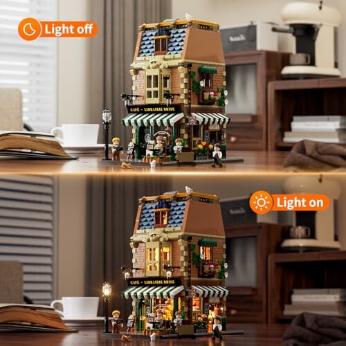 LEGO cafe model with lights on and off comparison.