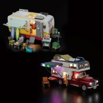 LEGO camper van and truck with detailed interiors and accessories.