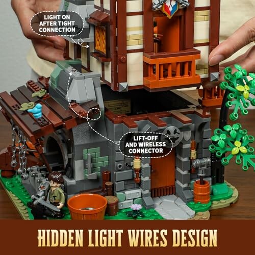 LEGO castle with hidden light wires and lift-off wireless connector, showcasing the set's innovative lighting design.