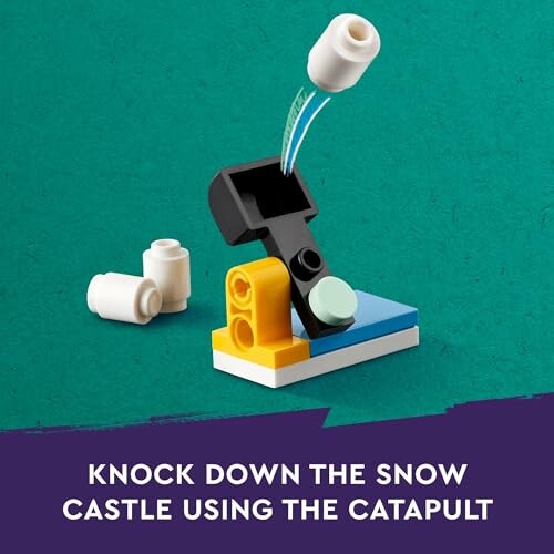 Lego catapult toy launching pieces with text 'Knock down the snow castle using the catapult'.