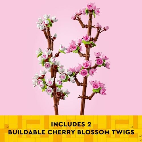 Two buildable LEGO cherry blossom twigs with pink and white flowers.