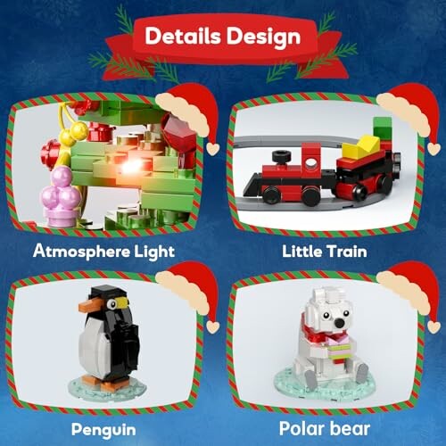 Four LEGO designs: atmosphere light, little train, penguin, polar bear.