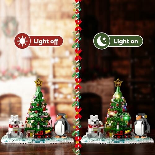 LEGO Christmas display with light on and off comparison.