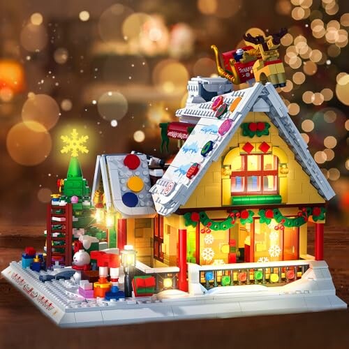 Festive Lego Christmas house with lights and decorations, showcasing the set's decorative potential.