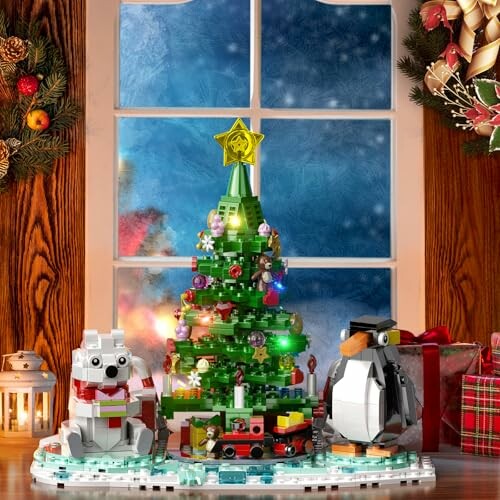 LEGO Christmas tree with decorations and gifts.