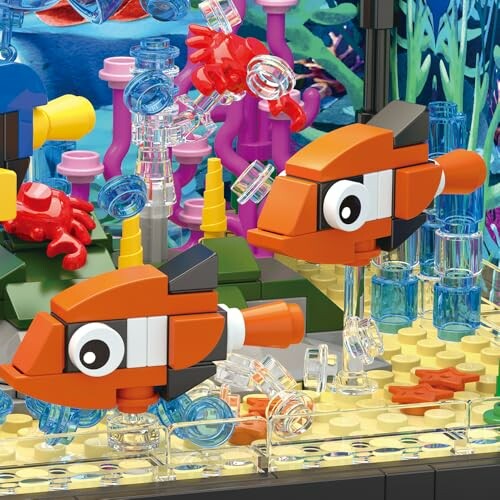 Lego clownfish in an underwater scene with colorful coral.