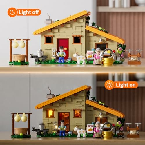 Lego cottage with light on and off comparison.