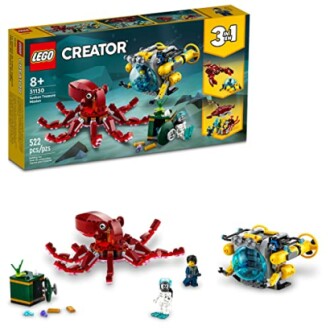 LEGO Creator 3-in-1 set with octopus, submarine, and treasure.