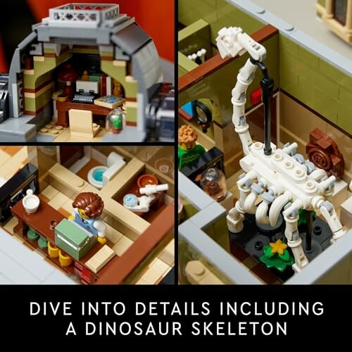 Lego set featuring detailed dinosaur skeleton and interior scenes.