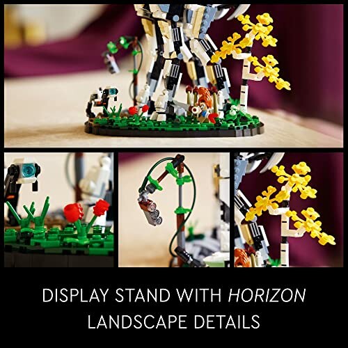 LEGO display stand with Horizon landscape details.