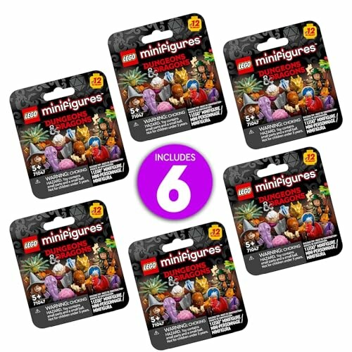 Six packs of LEGO Dungeons & Dragons minifigures with a purple 'Includes 6' label.