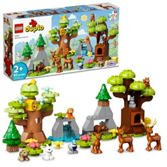 LEGO DUPLO forest set with trees, animals, and a waterfall.