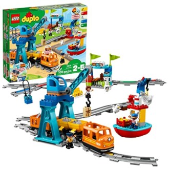 LEGO DUPLO train set with tracks, crane, and figurines.