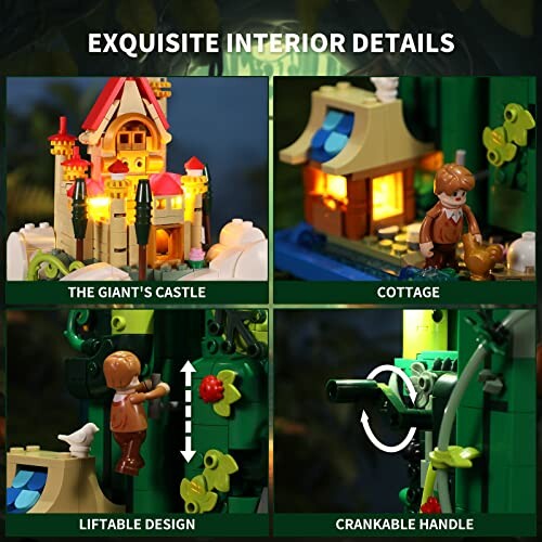 Lego scene showing a giant's castle, cottage, liftable design, and crankable handle.