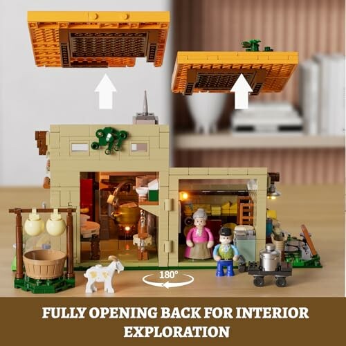 LEGO farmhouse set with removable roof and figures.