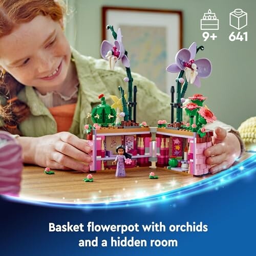 Child playing with LEGO flowerpot set featuring orchids and a hidden room.