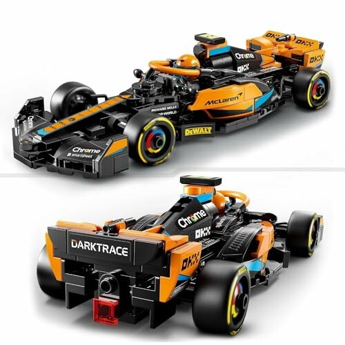 Lego model of a Formula One race car in orange and black