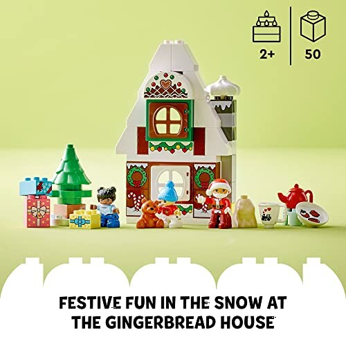 LEGO gingerbread house set with figures and accessories.