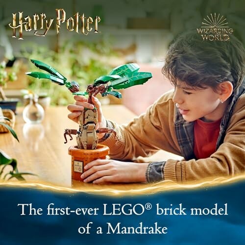 Child assembling LEGO Harry Potter Mandrake model.