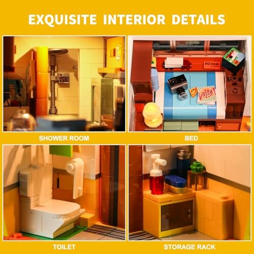 Lego interior details with shower, bed, toilet, and storage rack.