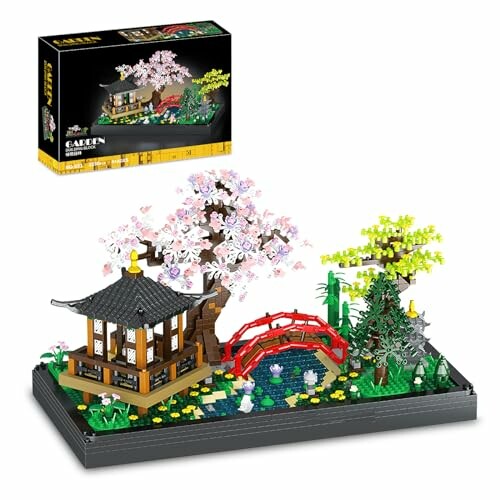 Lego set of a Japanese garden with a pagoda, cherry blossom tree, and bridge.