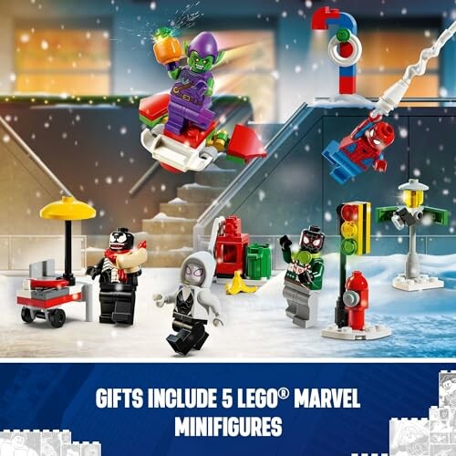 LEGO Marvel minifigures set with five characters and holiday-themed accessories.